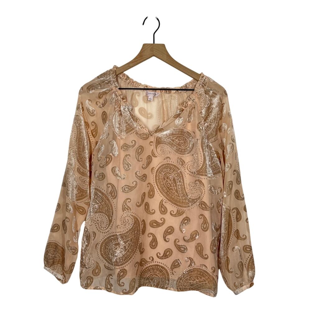 Nanette Lepore Velvet Burnout Top Womens Size Medium Pale Gold Paisley Peasant